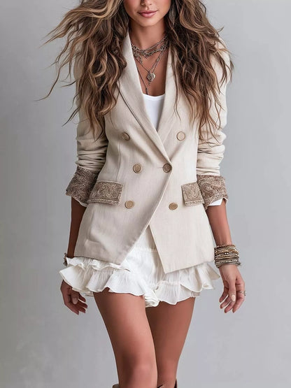 Double-Breasted Lapel Collar Blazer - Cream - View 1