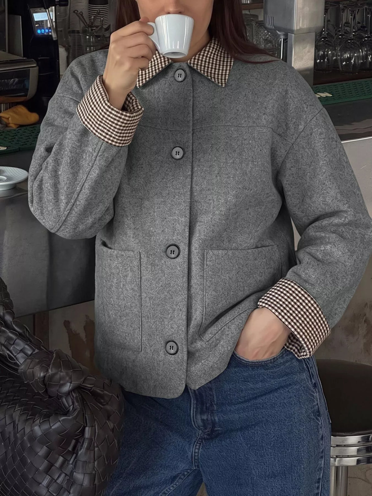 Button-Down Outerwear with Gingham Contrast Details - Gray - View 3