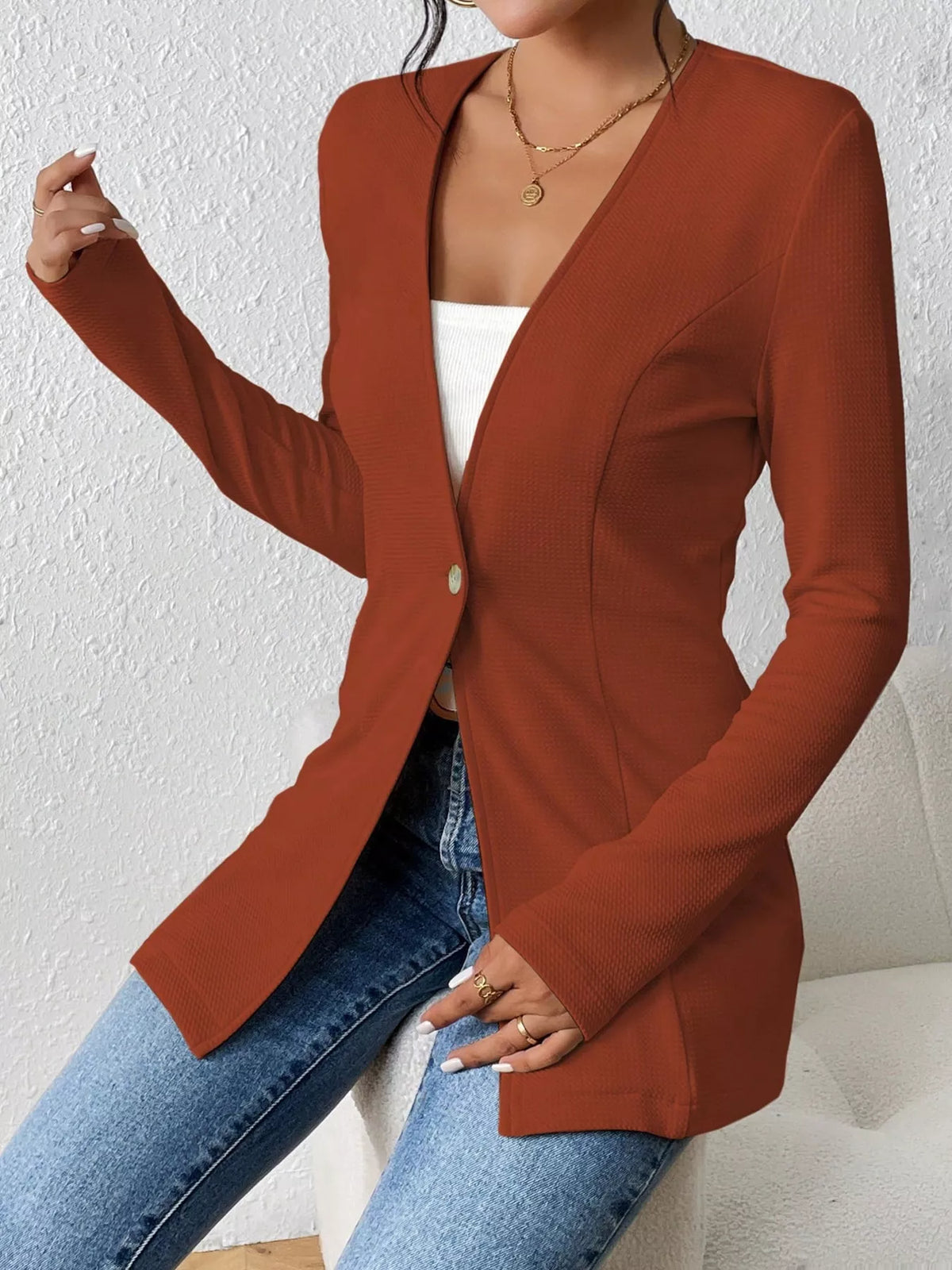 One Button Long Sleeve Blazer - Coffee Brown - View 12