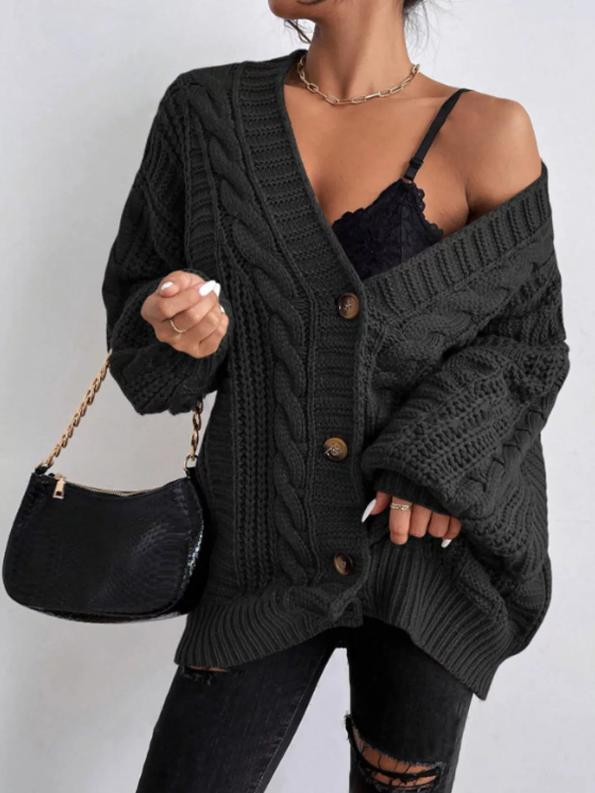 Cable Knit V-Neck Button-Down Cardigan - Black - View 3