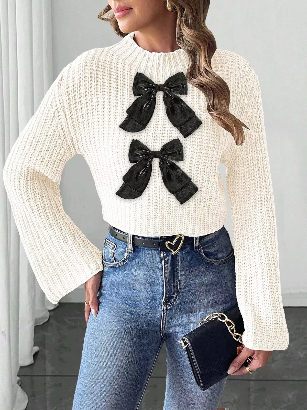 Bow-Decorated Mock Neck Cropped Sweater - White - View 3