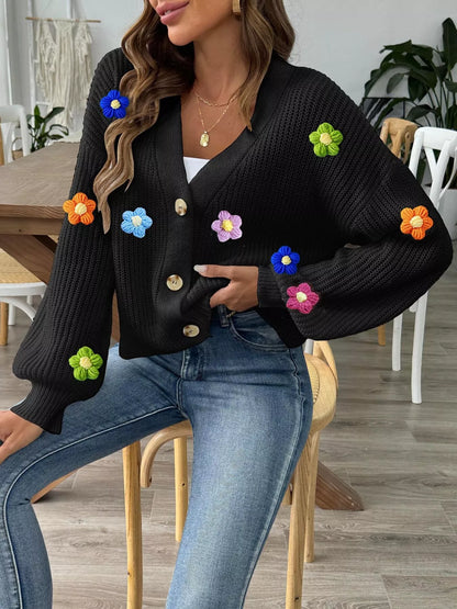3D Floral Appliques Button Up Cardigan - Black - View 2