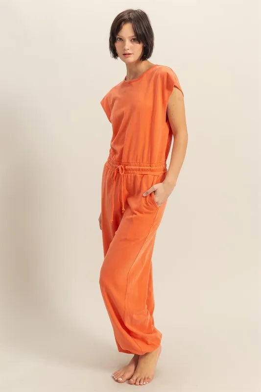 HYFVE Back Keyhole Round Neck Cap Sleeve Drawstring Jumpsuit - Orange - View 2