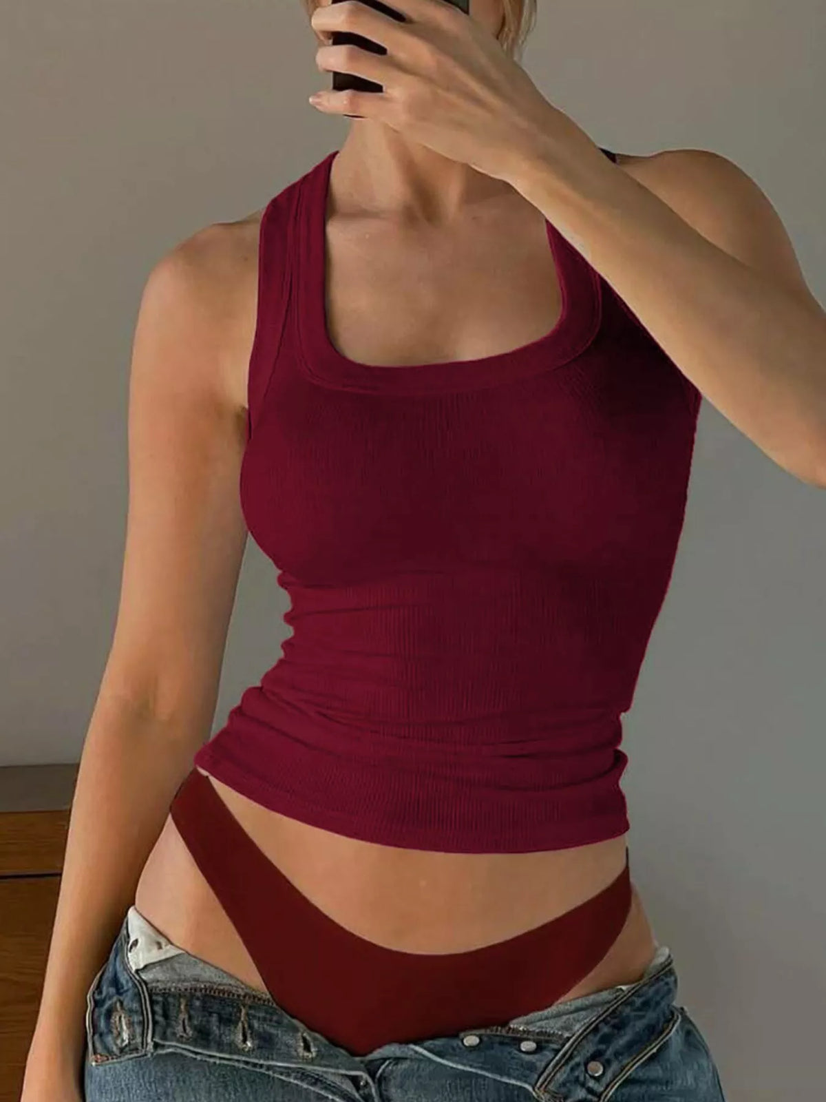 Ribbed Square Neck Tank Top - Burgundy - View 14