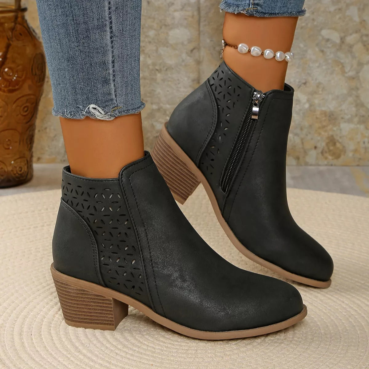 Point Toe Block Heels Boots - Black - View 3