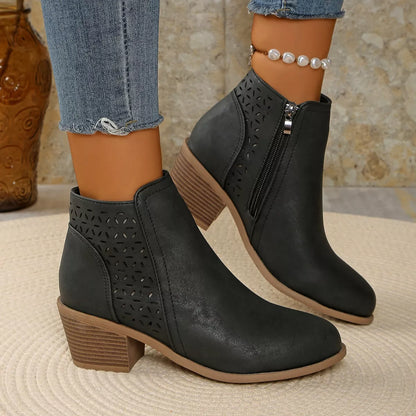 Point Toe Block Heels Boots - Black - View 3
