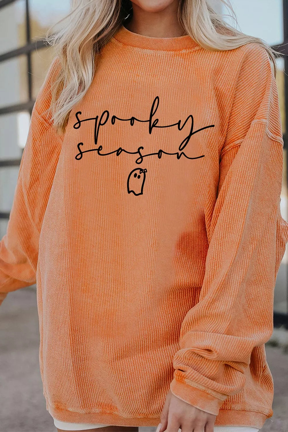 Spooky Season Ghost Letter Cozy Ribbed Pullover Sweatshirt - Sherbet - View 4