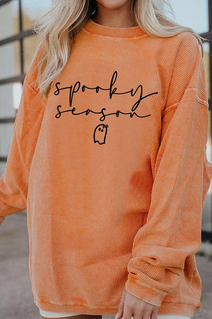 Spooky Season Ghost Letter Cozy Ribbed Pullover Sweatshirt - Sherbet - View 4