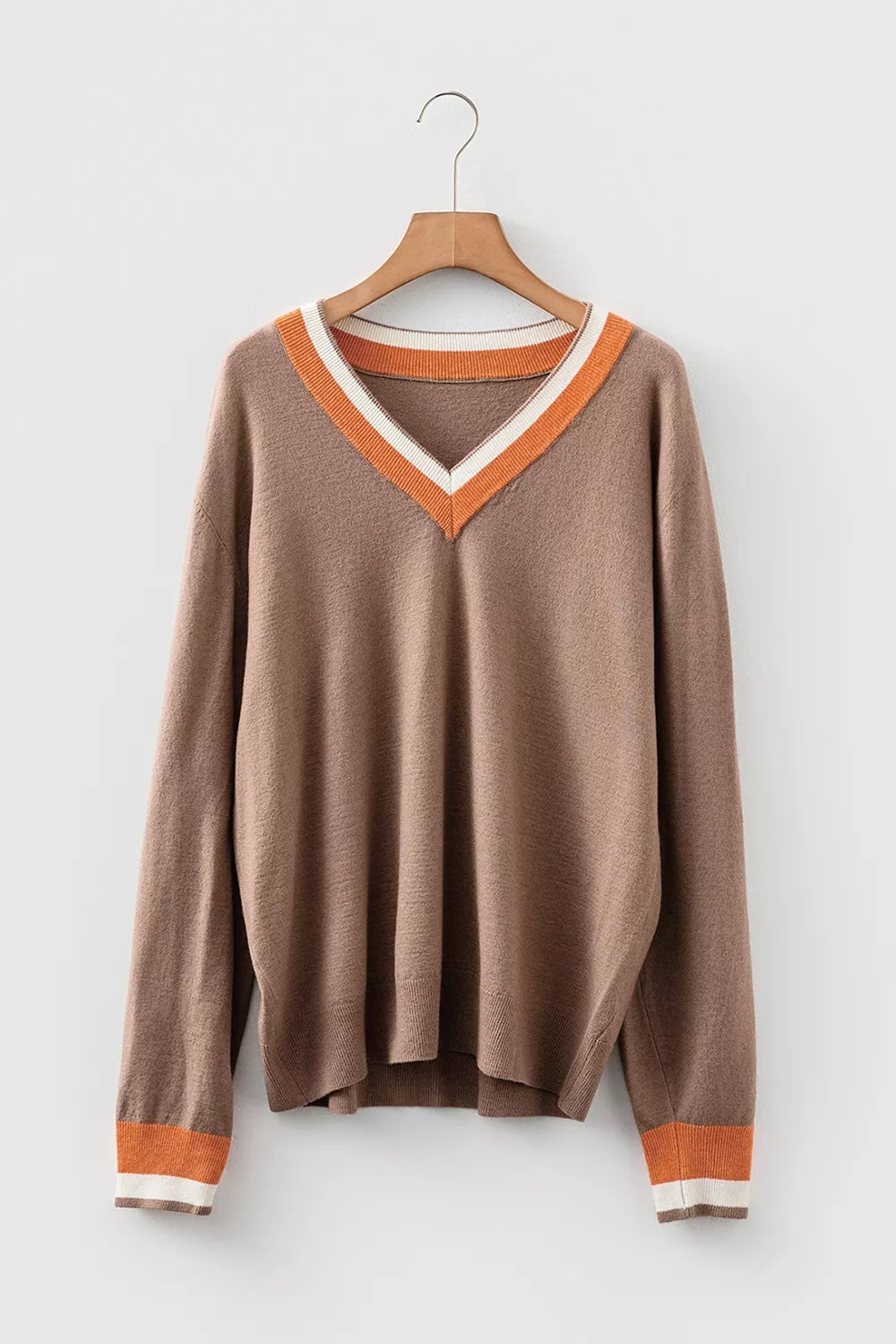 Contrast Trim V-Neck Sweater - Brown - View 6