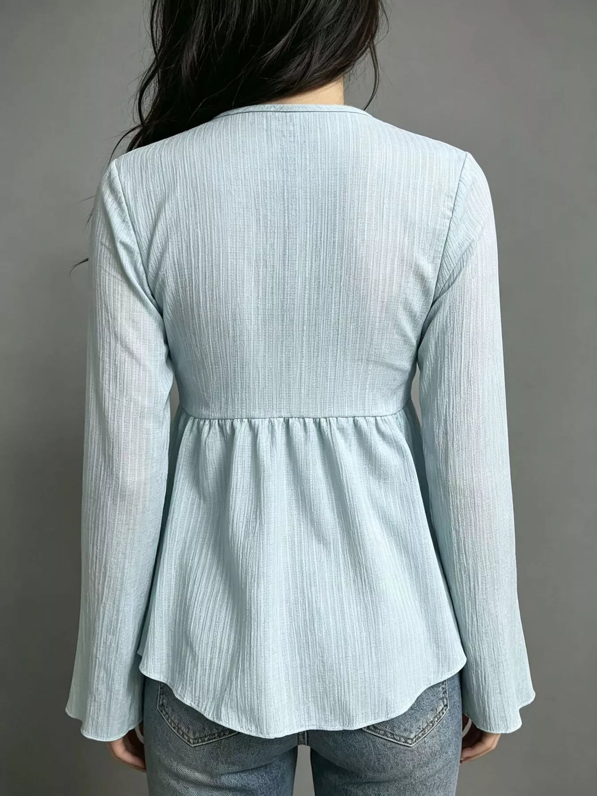 Tie-Front Flare Sleeve Blouse - Light Blue - View 4