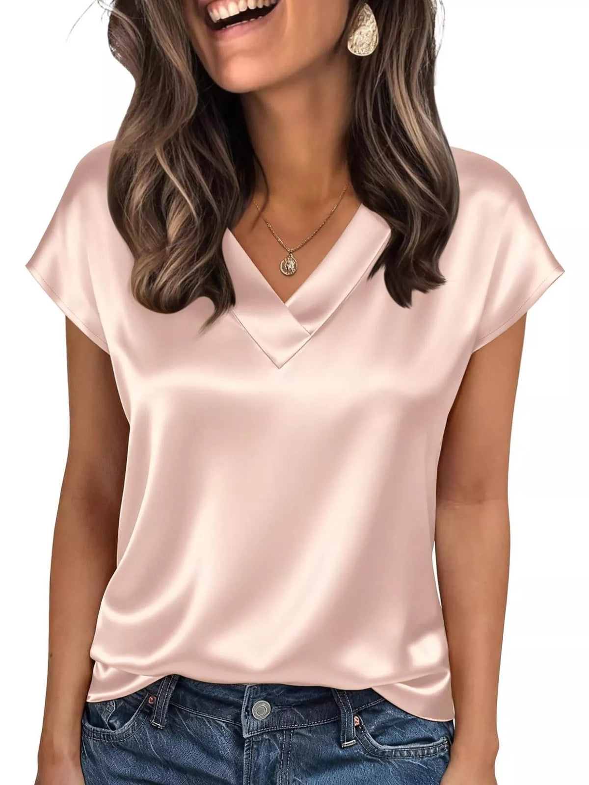 Satin V-Neck Cap Sleeve Blouse - Champagne - View 13