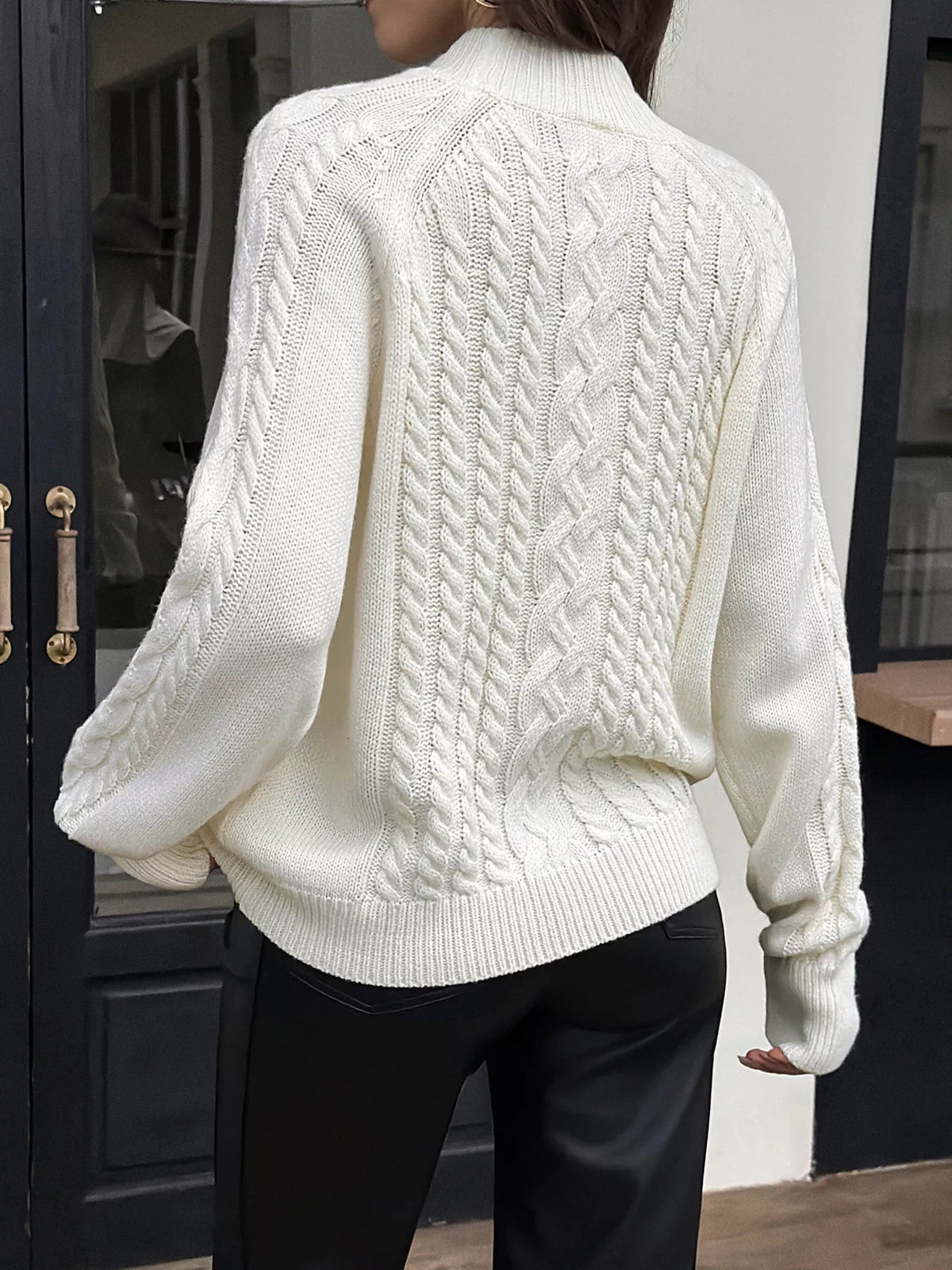 Mock Neck Cable-Knit Sweater - Apricot - View 4