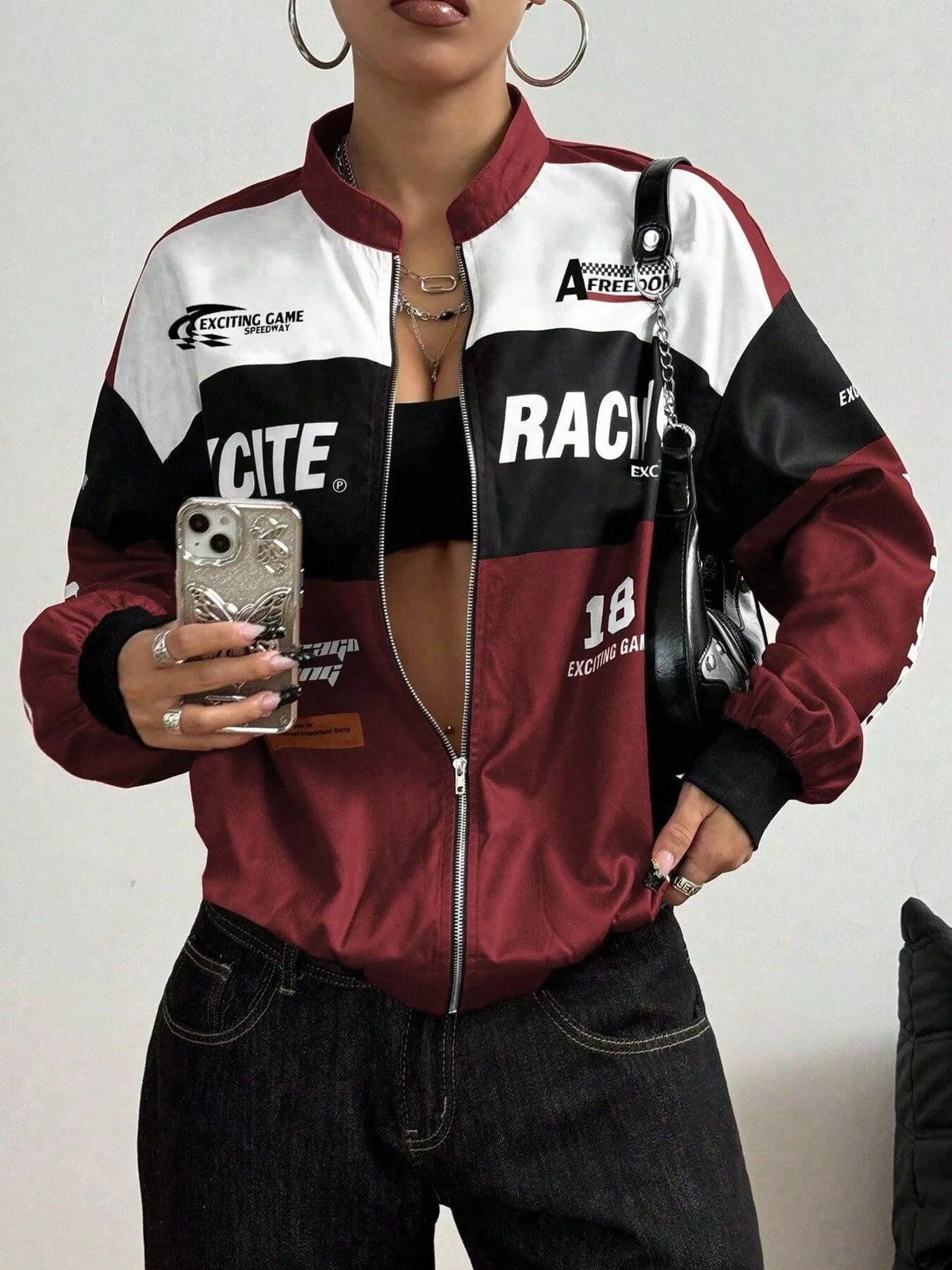 Letter Print Zip Up Jacket - Wine Red - View 1