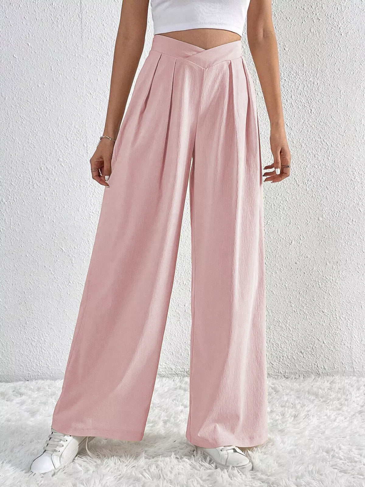 Pleated Wide Leg Pants - Pink - View 1