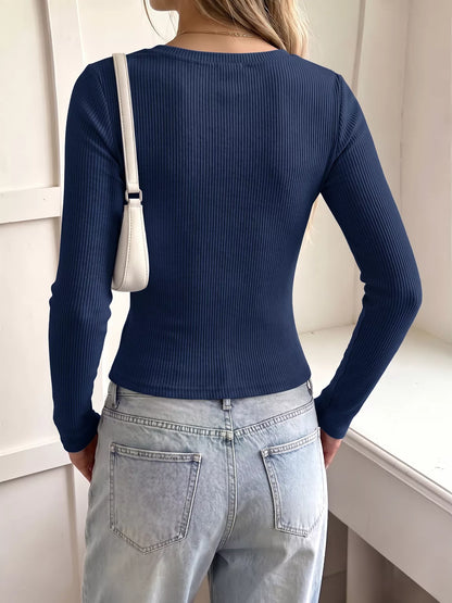 Lace Trim Ribbed Knit Long Sleeve T-Shirt - Dark Blue - View 5