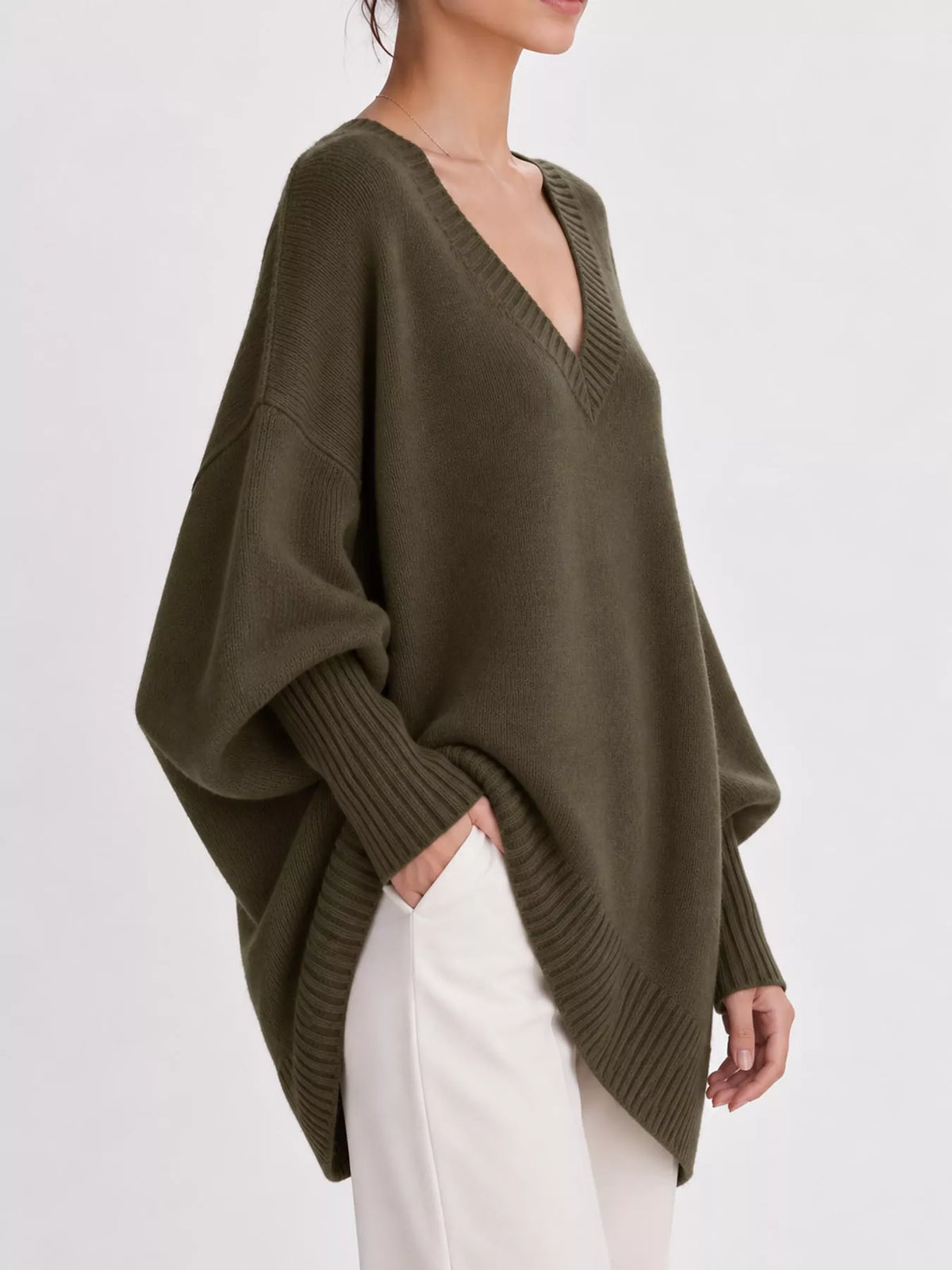 Full Size V-Neck Oversized Batwing Sleeve Sweater Plus Size - Dark Green - View 22
