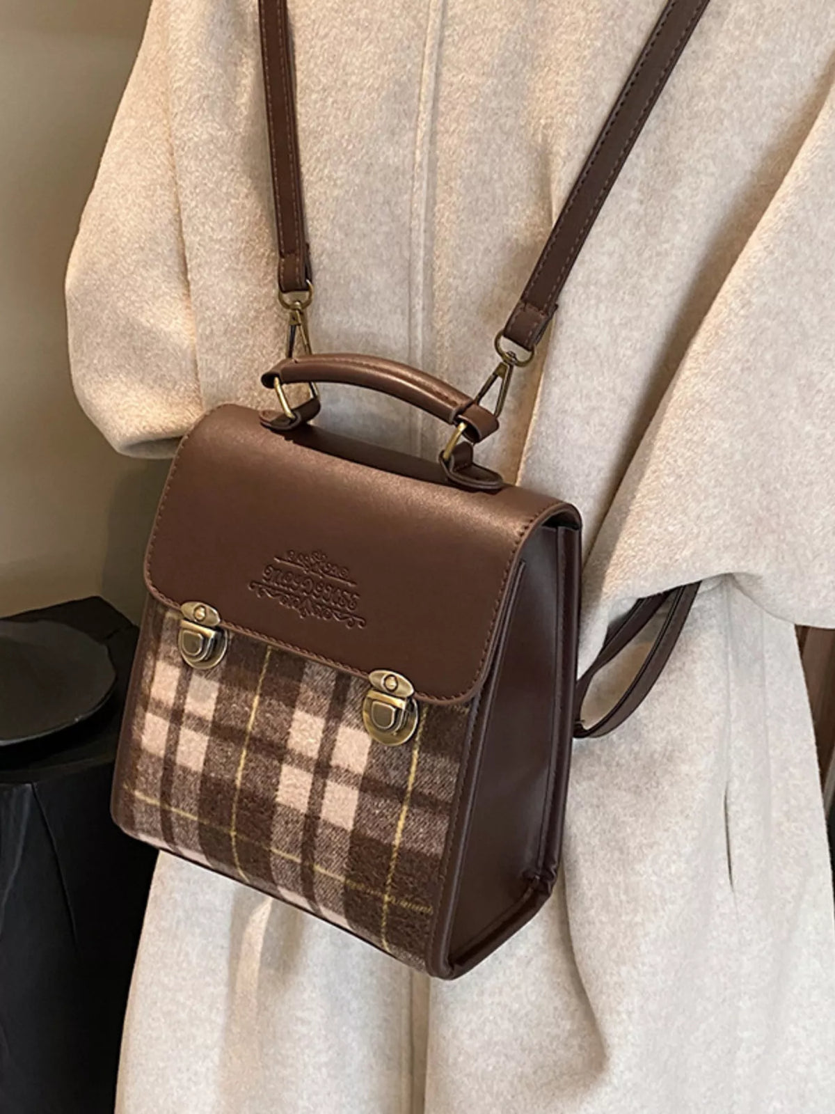 Vintage Plaid Flap Backpack Bag - Brown - View 2