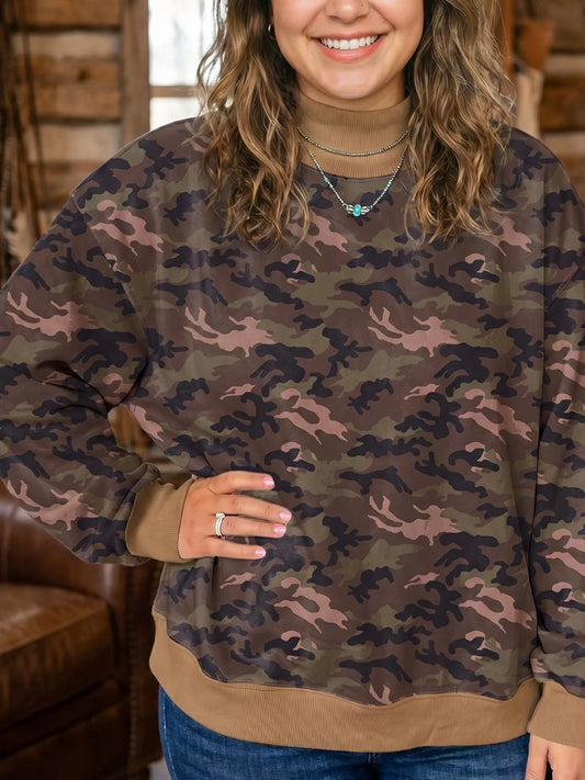 Plus Size Camouflage Print Long Sleeve Oversized Shift Sweatshirt - Brown - View 1