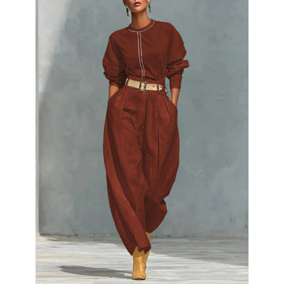 Casual women's two-piece set with loose top and harem wide-leg pants, includes belt