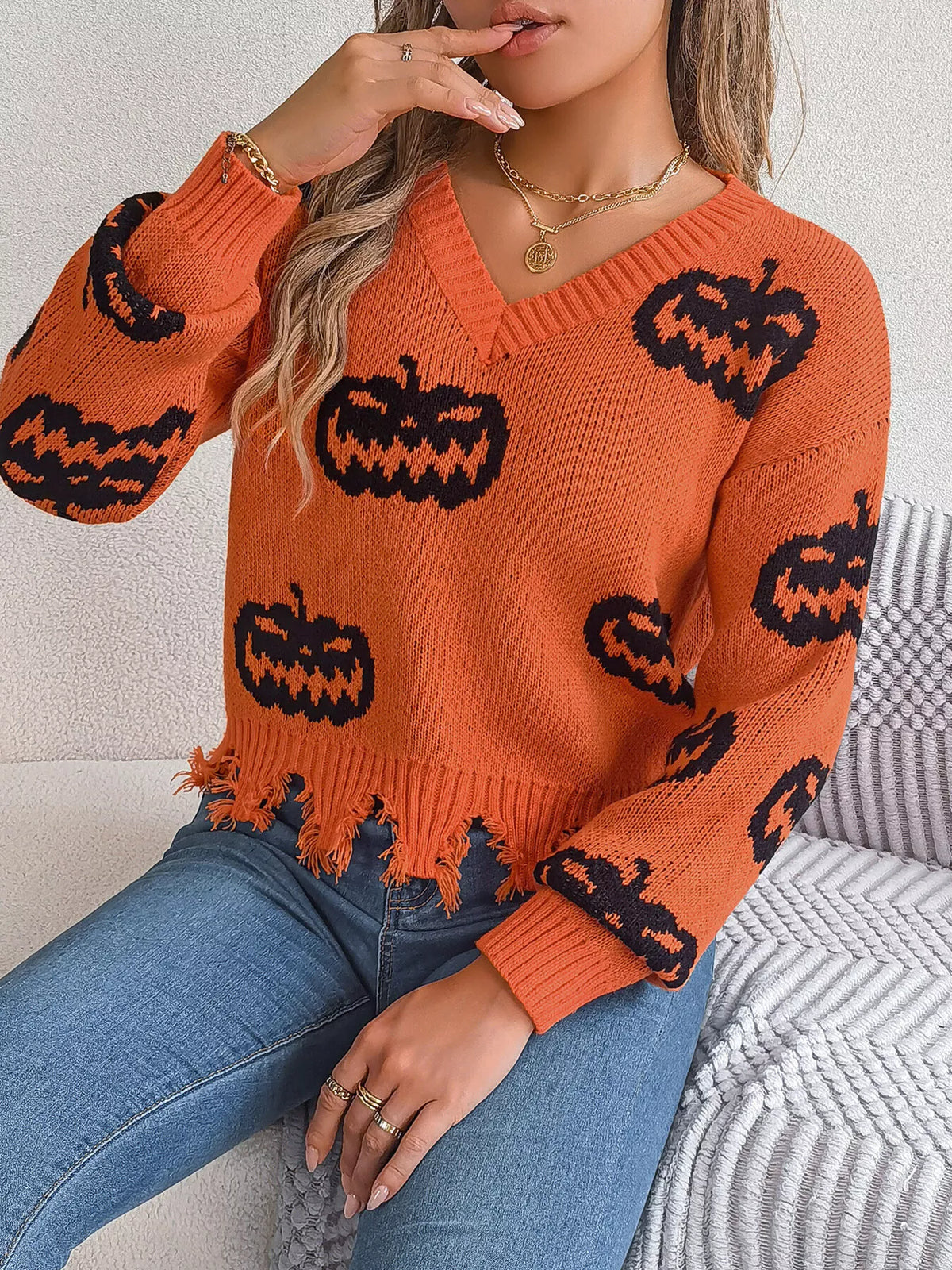 Pumpkin Distressed Hem Sweater - Orange - View 4