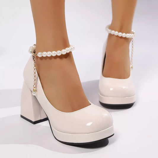 Round Toe Block Heels Pumps - Beige - View 2