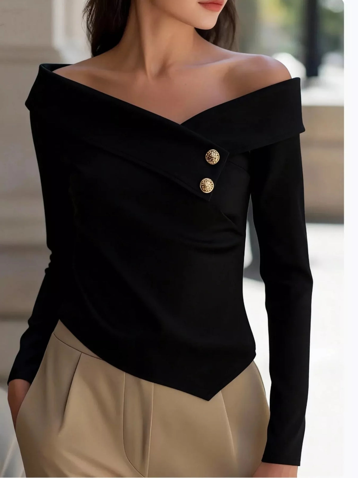 Off-Shoulder Button Decor Blouse - Black - View 4