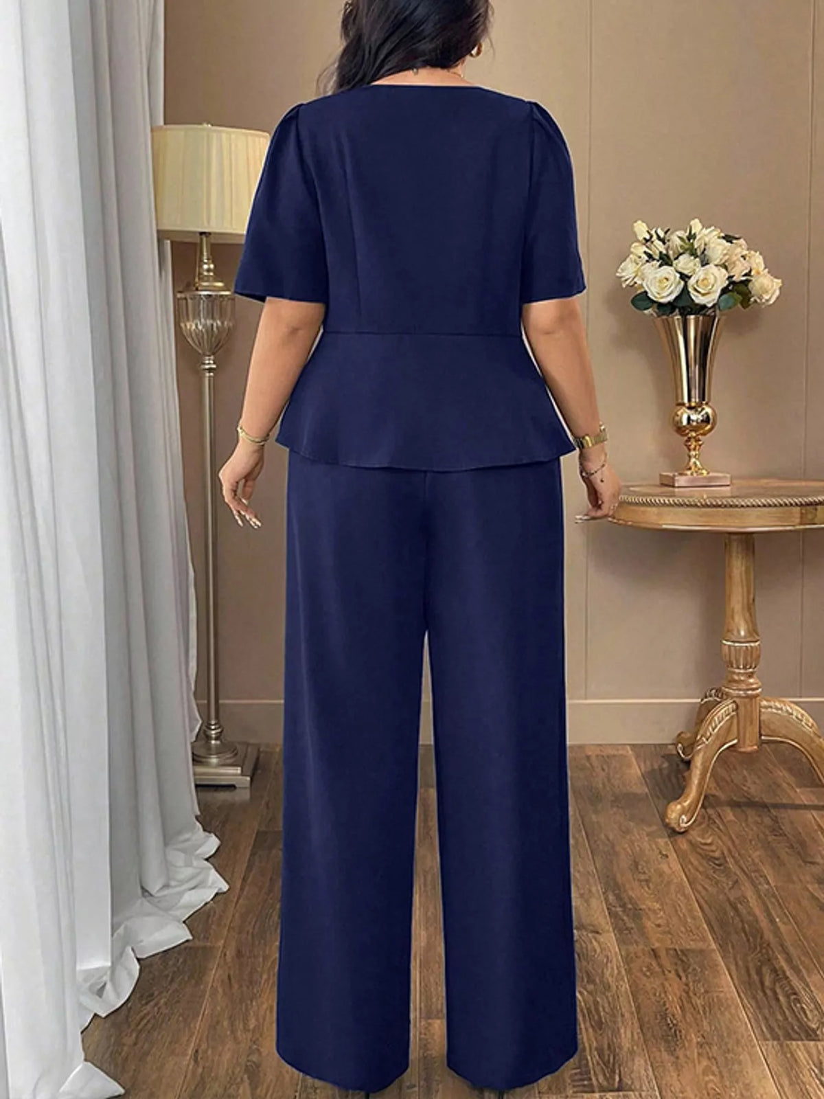 Plus Size Peplum Top and Wide-Leg Pants Two-Piece Set - Navy - View 12