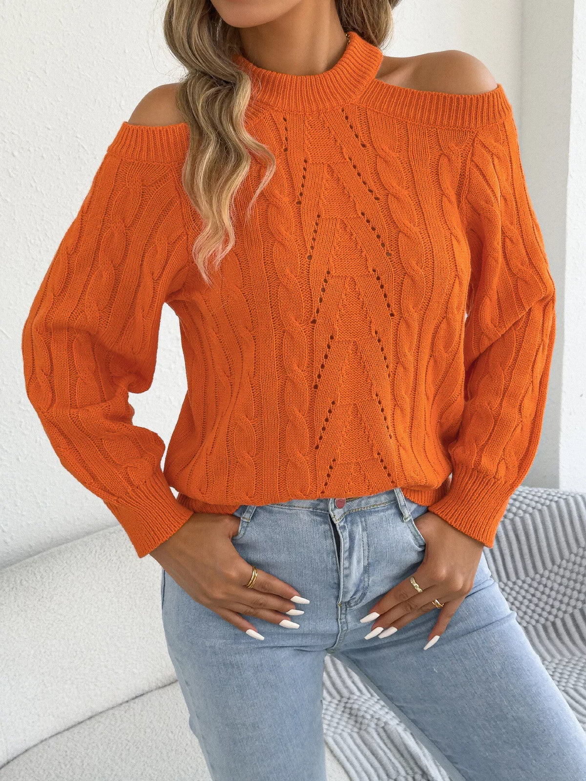 Cold Shoulder Cable Knit Sweater - Orange - View 3
