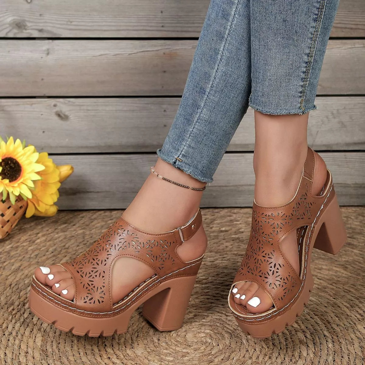 Open Toe Block Heels Sandals - Brown - View 6
