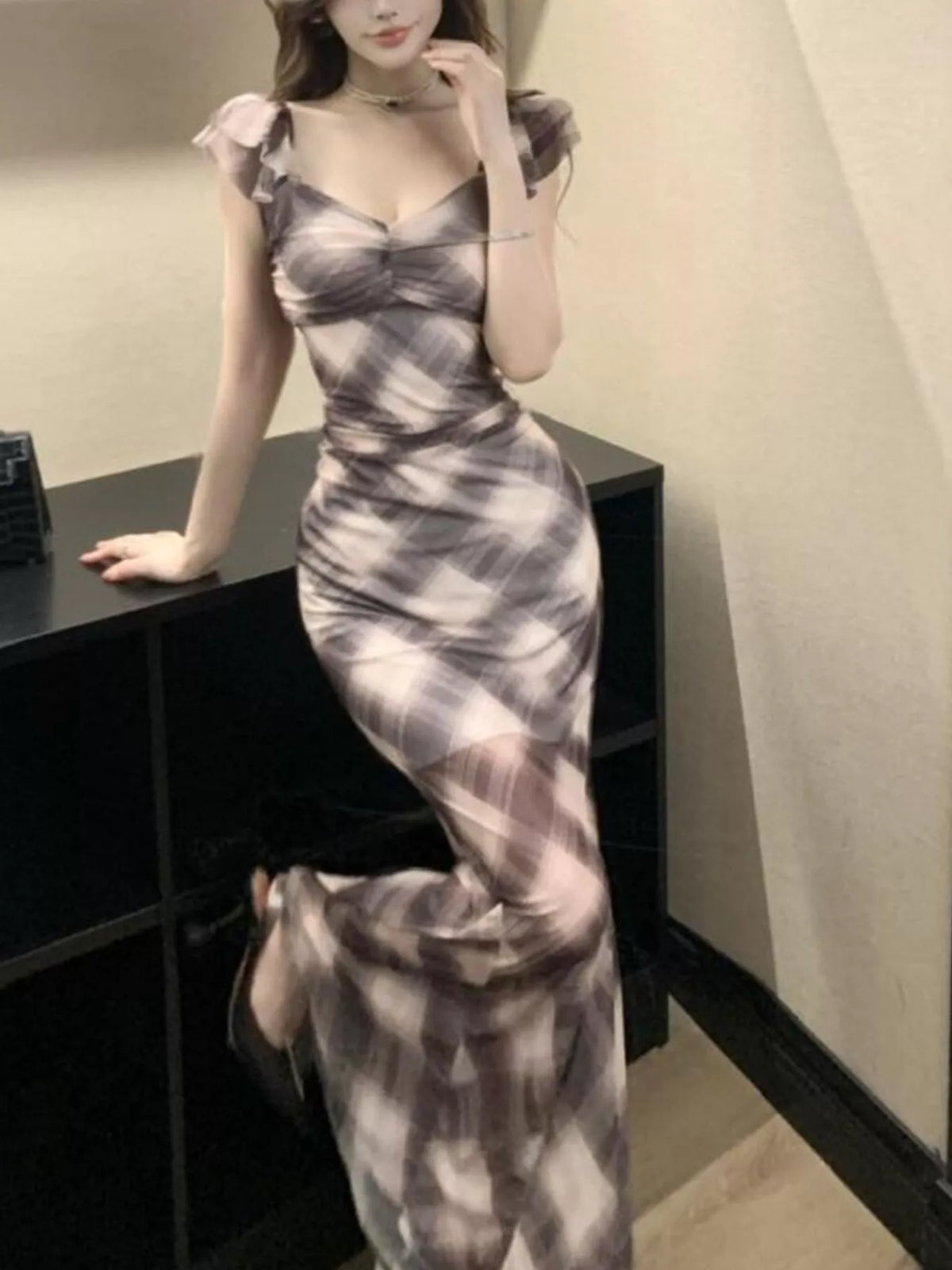 Plaid Ruffle Cap Sleeve Bodycon Maxi Dress - Brown - View 4