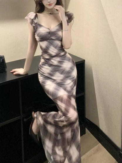 Plaid Ruffle Cap Sleeve Bodycon Maxi Dress - Brown - View 4