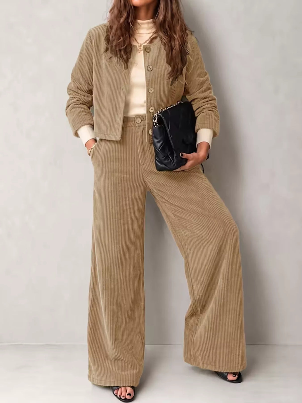 Full Size Corduroy Button-Down Jacket and Wide-Leg Pants Two-Piece Set Plus Size - Khaki - View 7