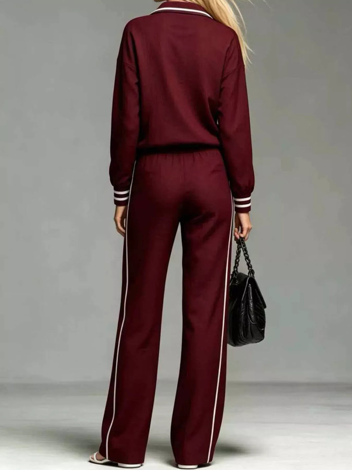 Striped Half Zip Top and Pants Set - Burgundy - View 13