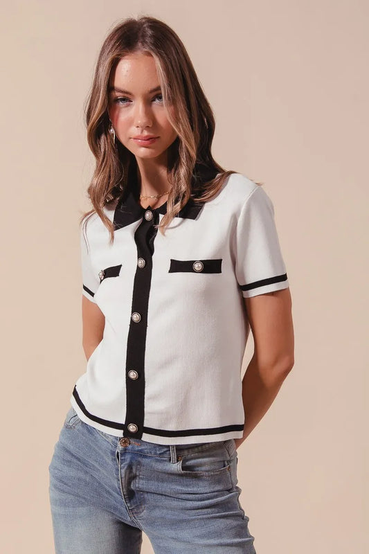 SO ME Button Down Knitted Sweater Shirt Top - IVORY/BLACK - View 1