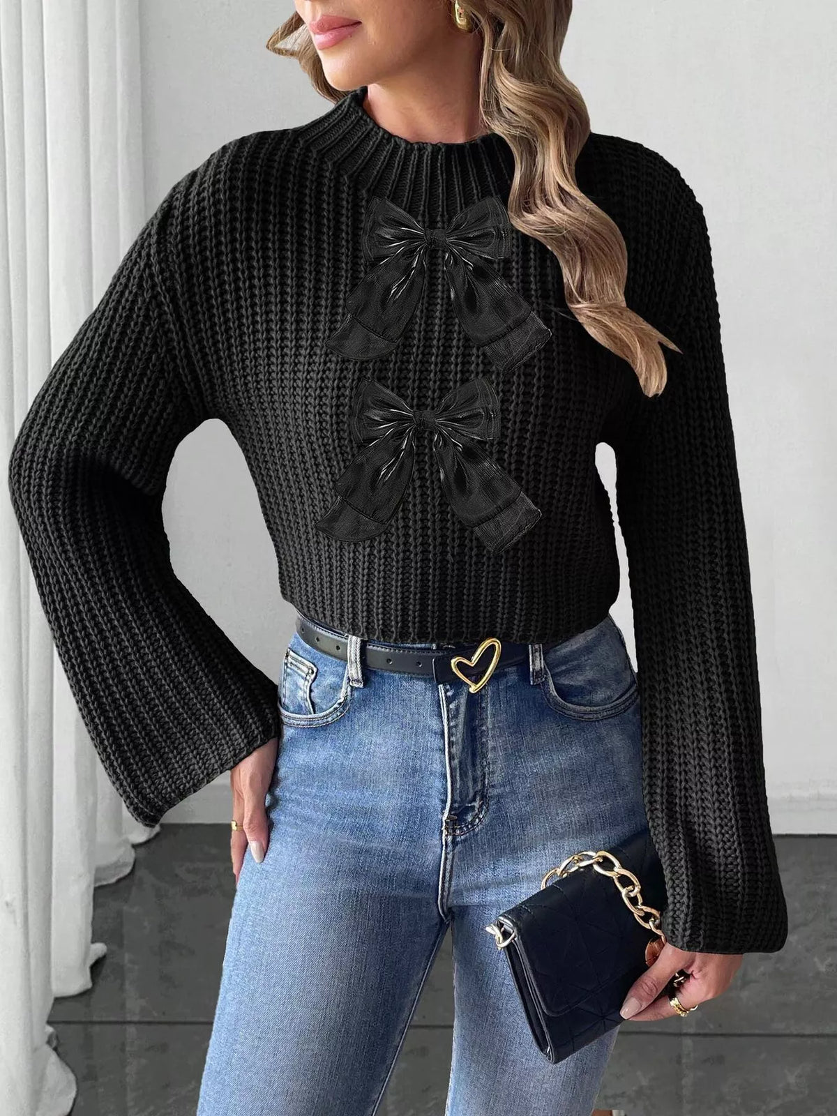 Bow-Decorated Mock Neck Cropped Sweater - Black - View 3