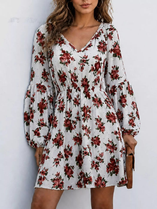 Floral Print V-Neck Long Sleeve Mini Dress - White - View 1