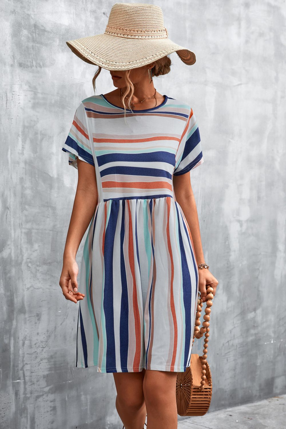 Striped Round Neck Dress - Orange/White - View 7