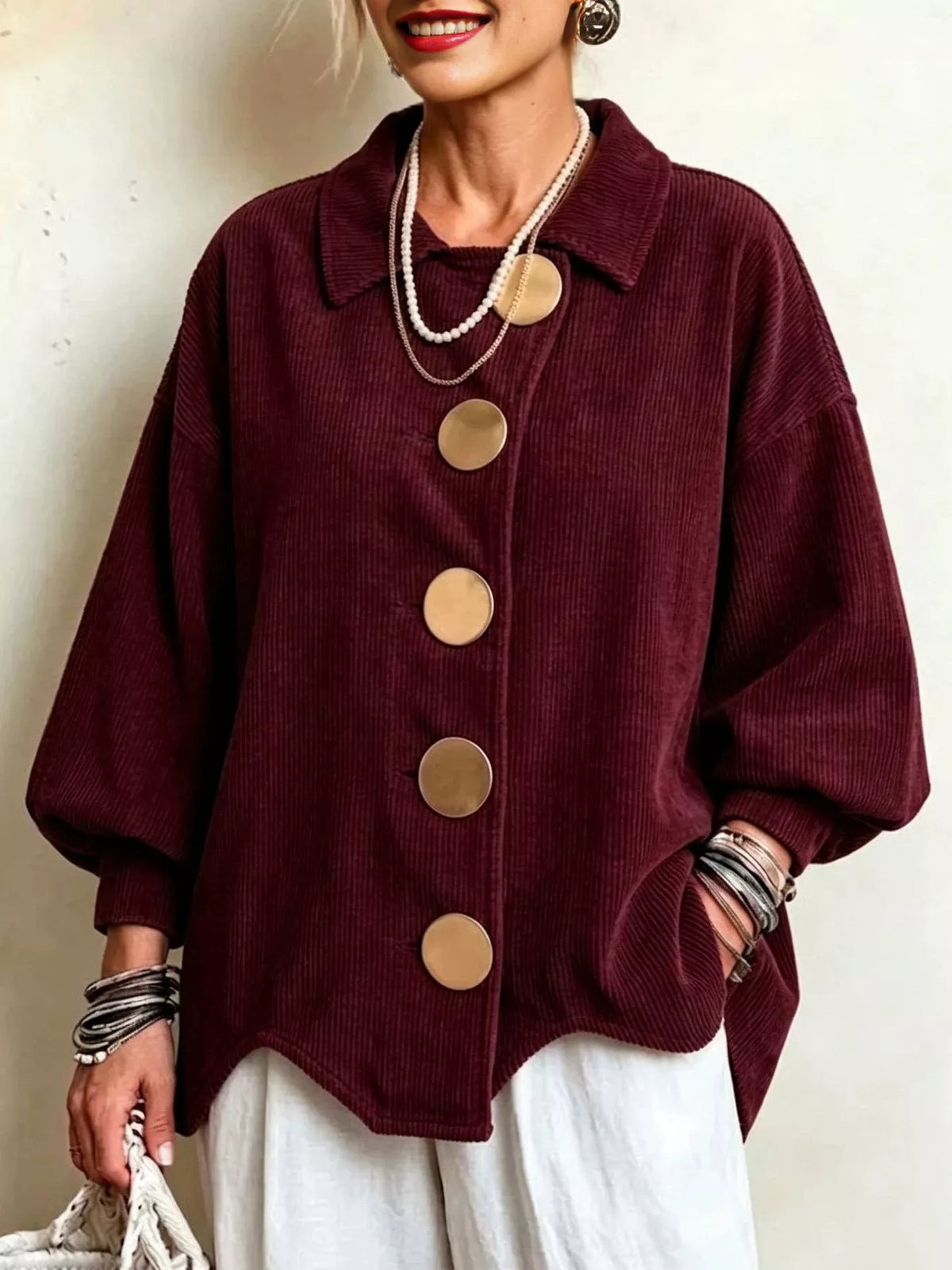 Full Size Corduroy Button-Down Jacket Plus Size - Burgundy - View 7