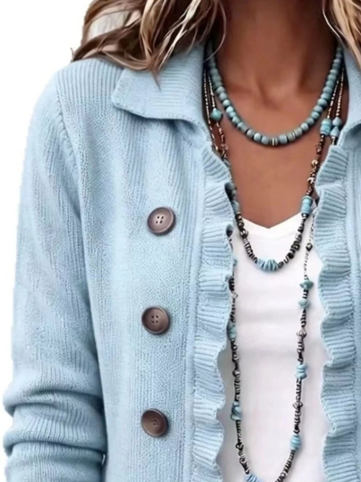 Full Size Ruffled Trim Decorative Button Cardigan Plus Size - Sky Blue - View 2