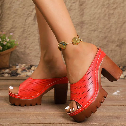 Peep Toe Block Heels Sandals - Red - View 2