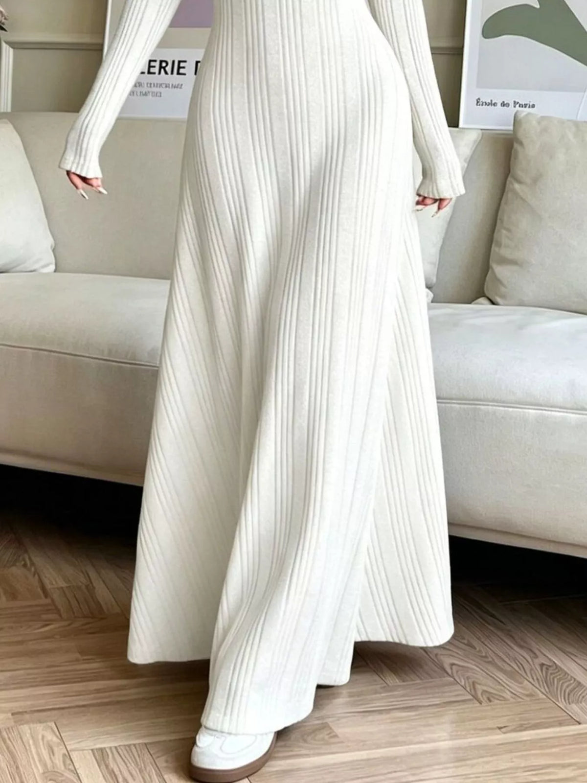 Long Sleeve Ribbed Knit Dress - White - View 2