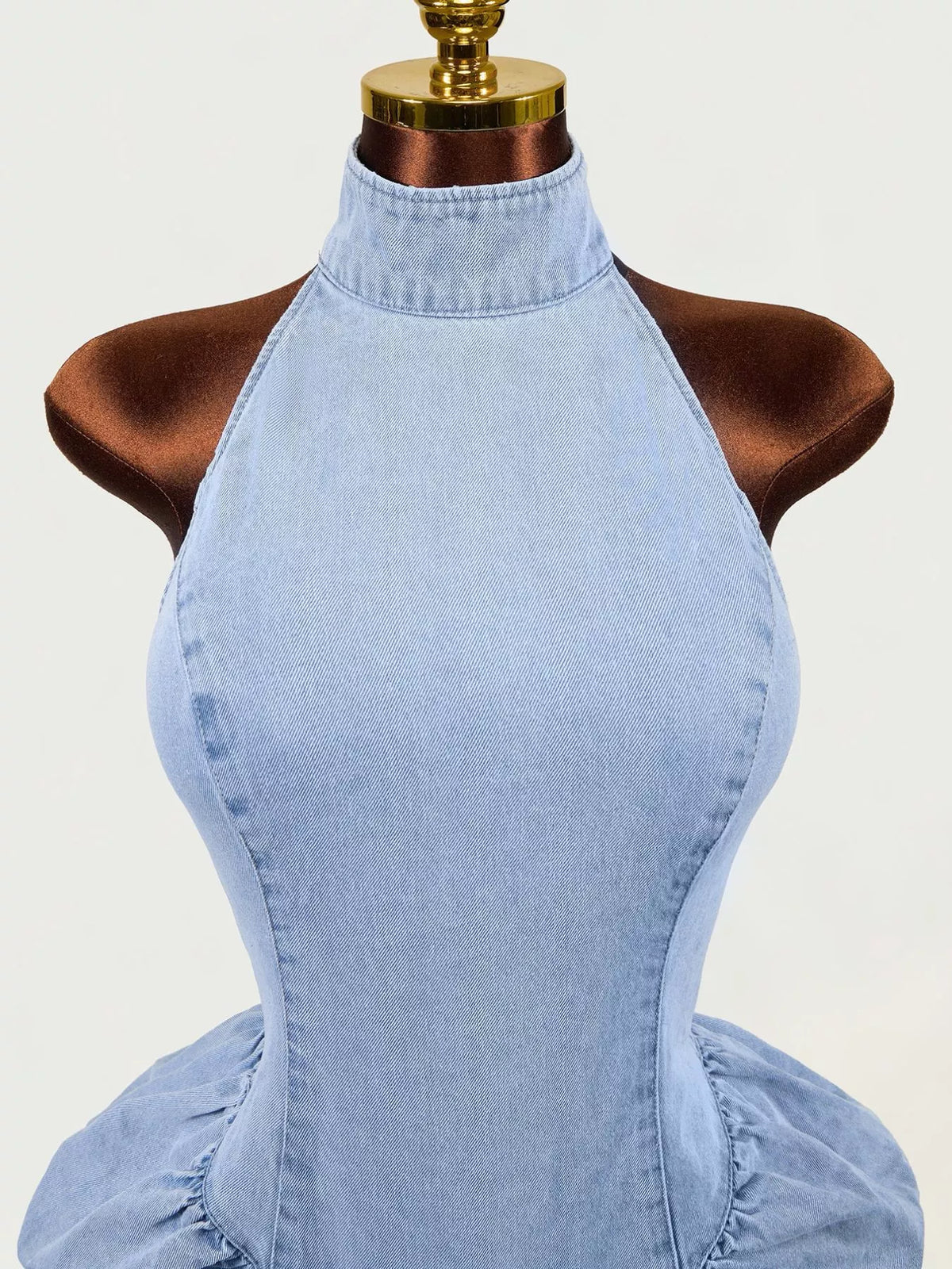 Sleeveless Mock Neck Ruched Bodycon Denim Dress - Blue - View 2