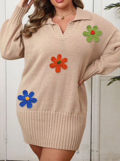 Plus Size Floral Applique Ribbed Hem Sweater Dress - Khaki - View 1
