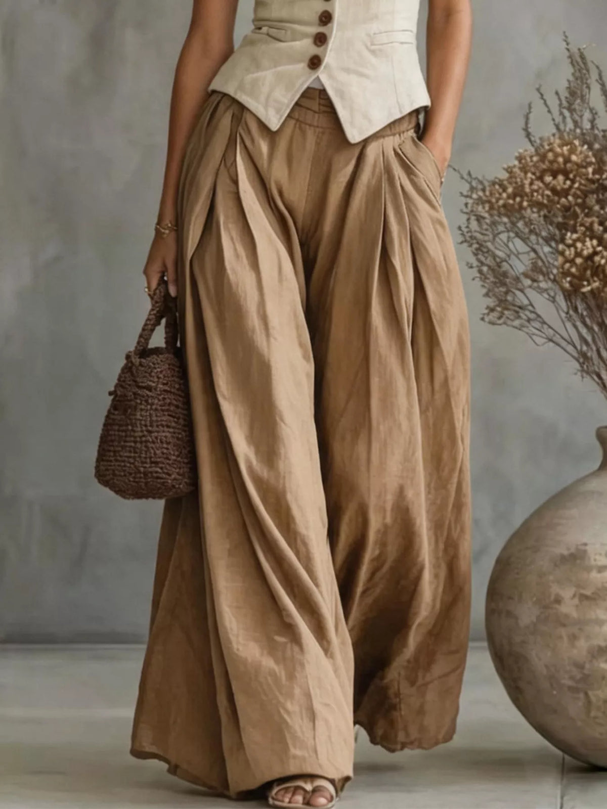 High-Waisted Pleated Wide-Leg Pants - Deep Khaki Color - View 2
