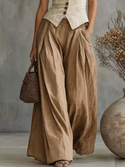 High-Waisted Pleated Wide-Leg Pants - Deep Khaki Color - View 2