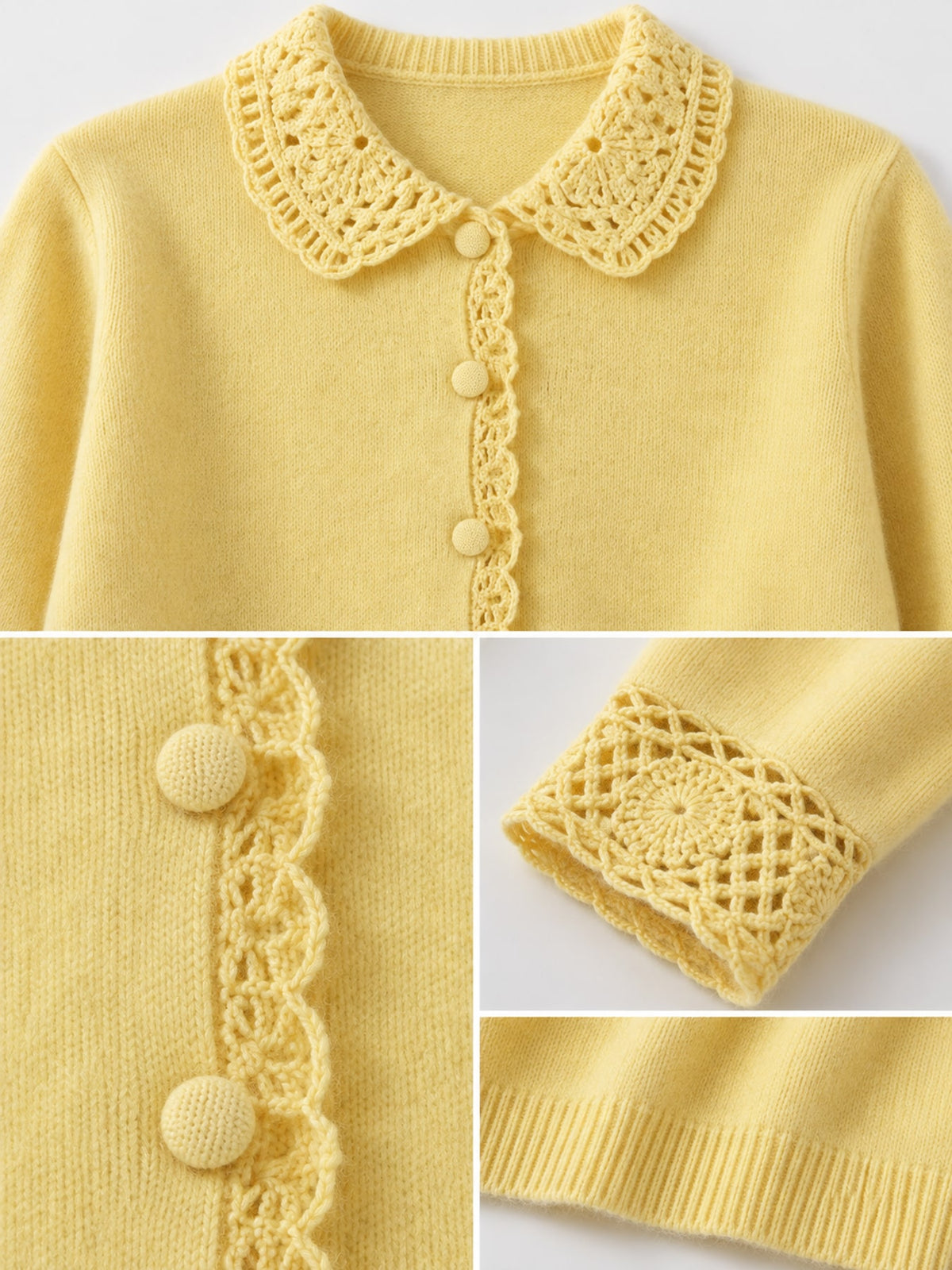 Lace-Collar Button Down Knit Cardigan - Yellow - View 27