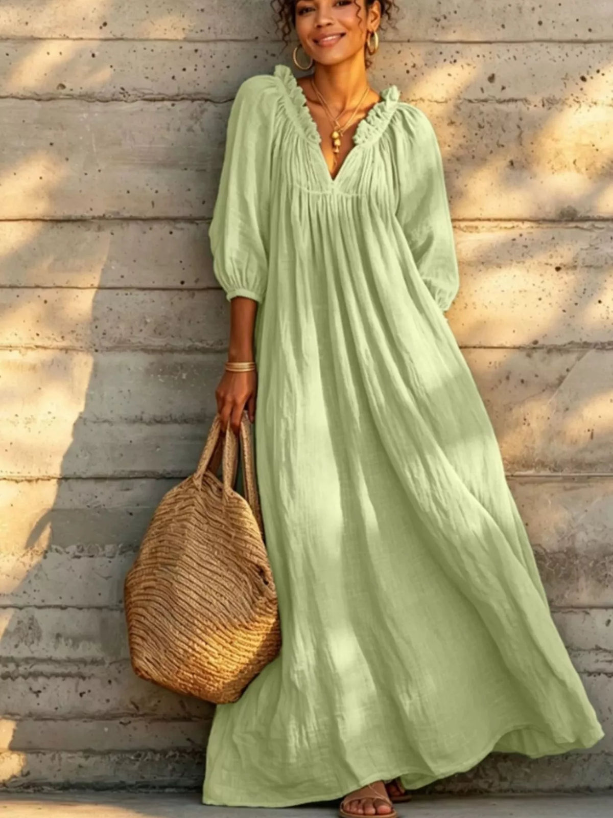 Tiered Notched 3/4 Sleeve Maxi Dress - Light Green - View 1