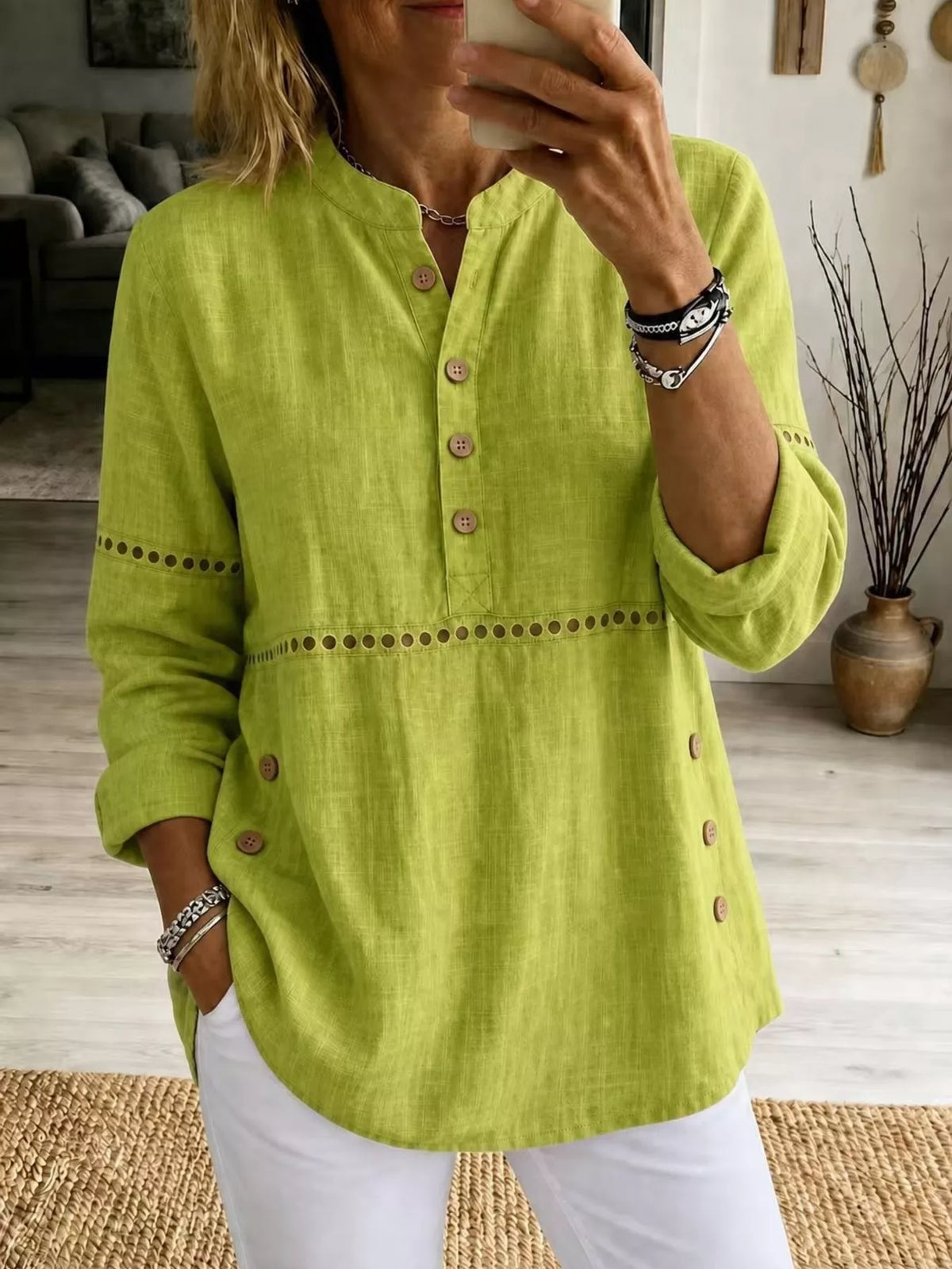 Full Size Button Detail Eyelet Long Sleeve Blouse Plus Size - Fluorescent Yellow - View 1
