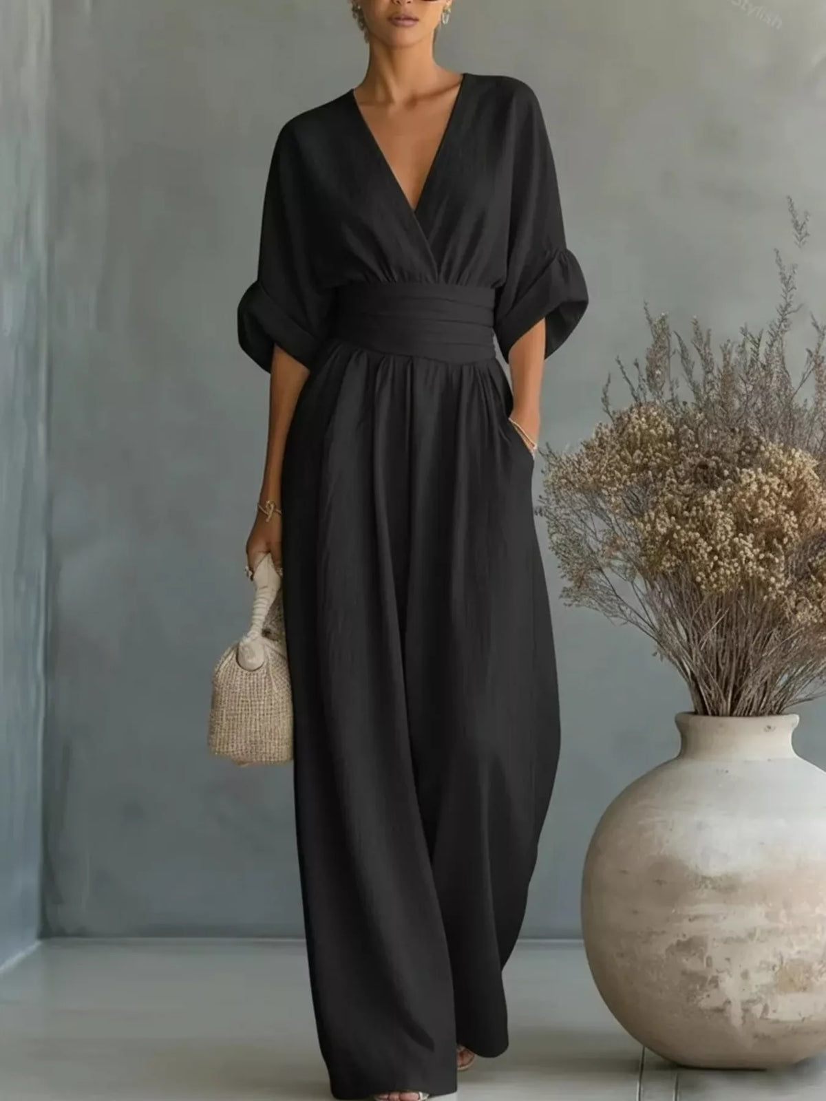 Full Size Half Sleeve Wide-Leg Jumpsuit Plus Size - Black - View 1