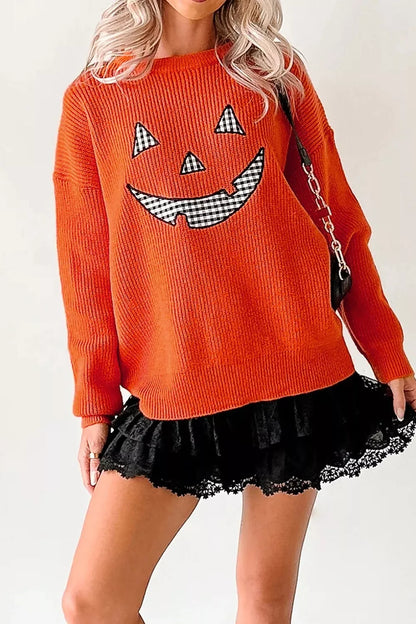 Drop Shoulder Long Sleeve Round Neck Halloween Sweater - Orange - View 3